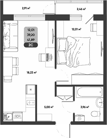 Планировка 2е-к. квартира 39.20 м² в ЖК «ПараПарк. Томск»