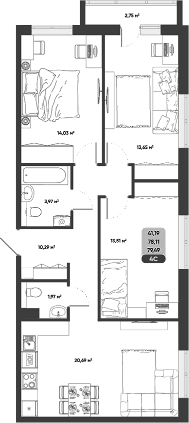 Планировка 4е-к.кв 78.11 м² в ЖК «ПараПарк. Томск»