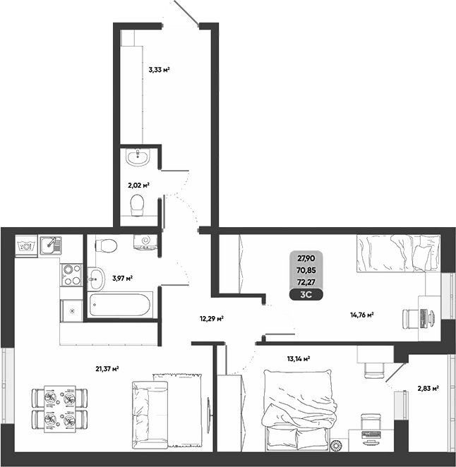 Планировка 3е-к. квартира 70.85 м² в ЖК «ПараПарк. Томск»