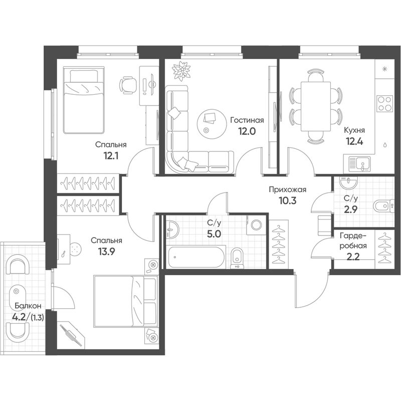 Планировка 3-к.кв 70.70 м² в ЖК «Счастье в Кольцово»