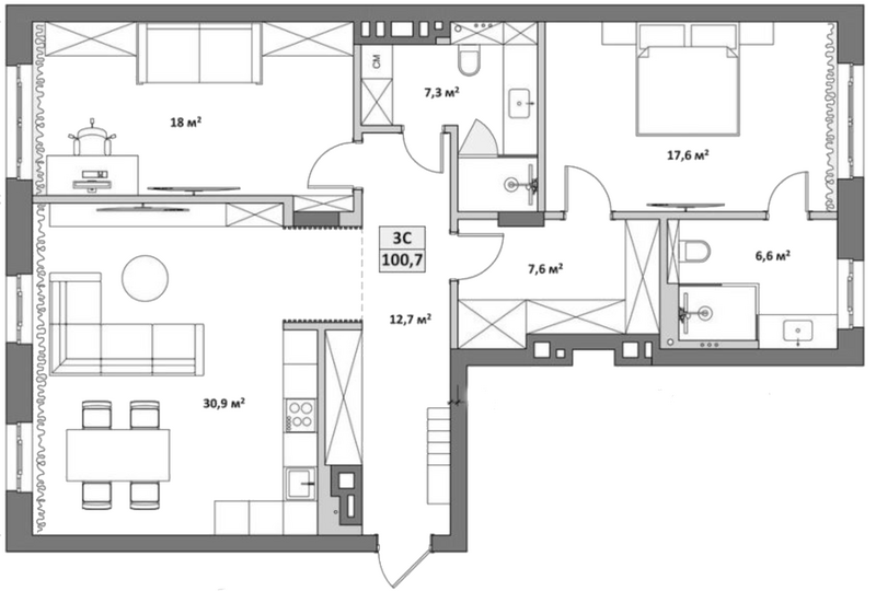 Планировка 3е-к. квартира 100.90 м² в ЖК «Жуковка»
