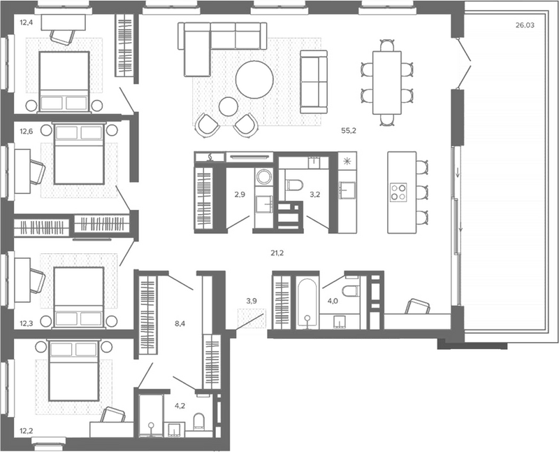 Планировка 5е-к.кв 150.84 м² в ЖК «Вышка. Барнаул»