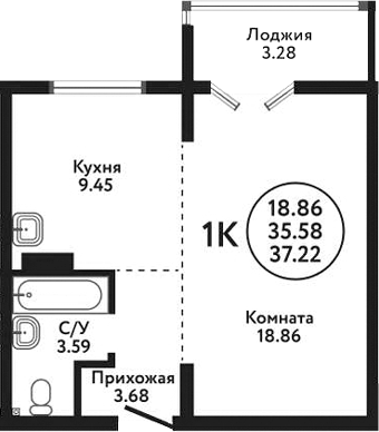 Планировка 1-к.кв 35.58 м² в ЖК «Экополис»
