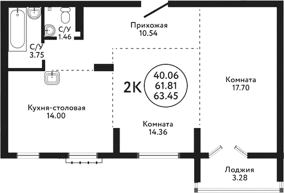 Планировка 2-к.кв 61.81 м² в ЖК «Экополис»