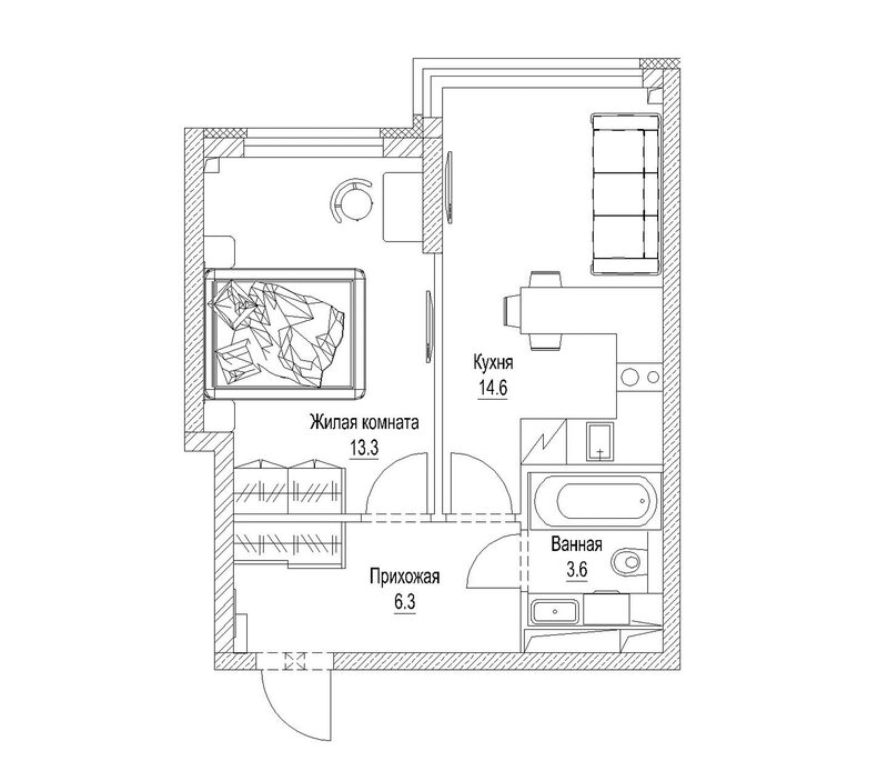 Планировка 1-к.кв 39.60 м² в ЖК «Сити-парк. Кемерово»