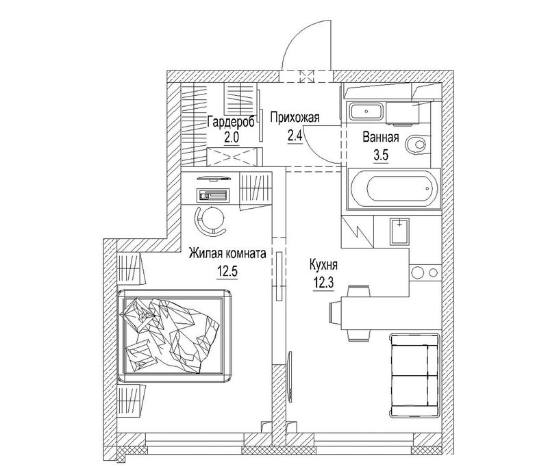 Планировка 1-к.кв 34.40 м² в ЖК «Сити-парк. Кемерово»