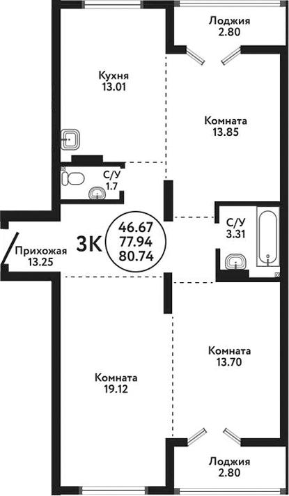 Планировка 3-к.кв 77.94 м² в ЖК «Экополис»