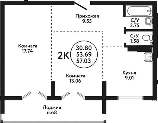 Планировка 2-к.кв 53.69 м² в ЖК «Экополис»