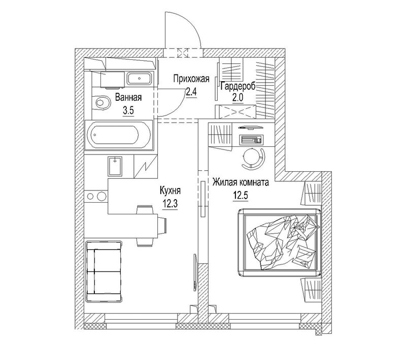 Планировка 1-к.кв 34.40 м² в ЖК «Сити-парк. Кемерово»