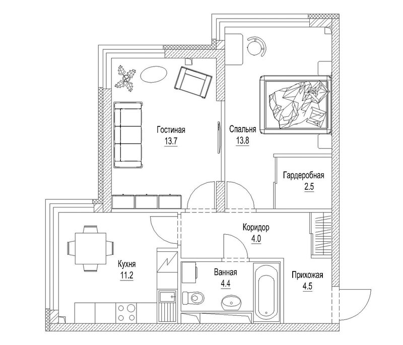 Планировка 2-к.кв 57.00 м² в ЖК «Сити-парк. Кемерово»
