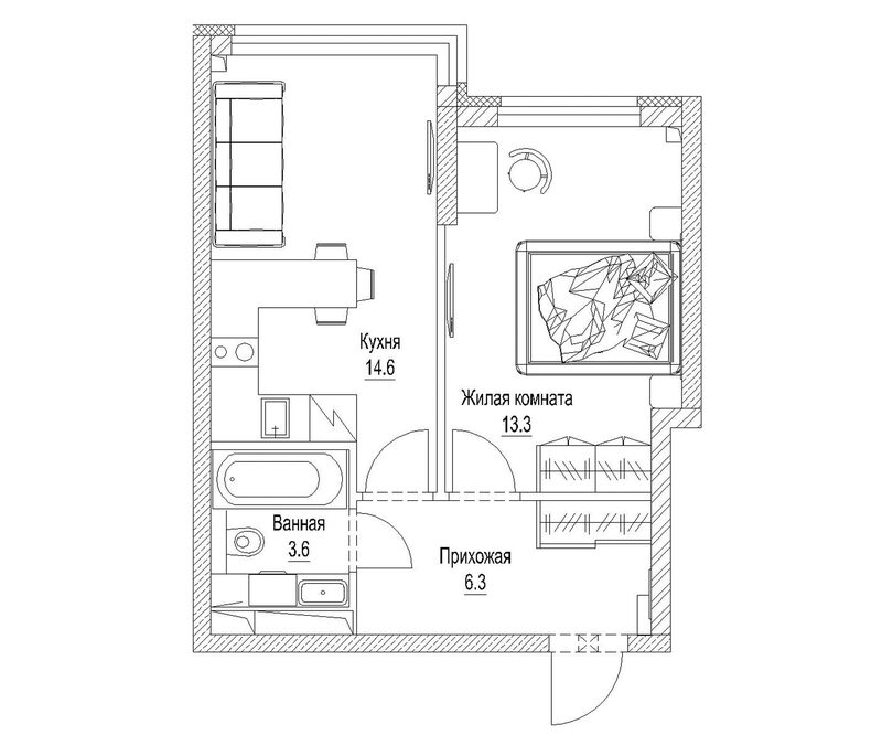 Планировка 1-к.кв 39.60 м² в ЖК «Сити-парк. Кемерово»