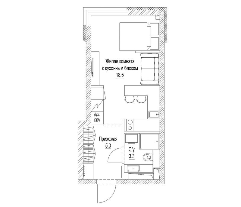 Планировка студии 28.10 м² в ЖК «Сити-парк. Кемерово»