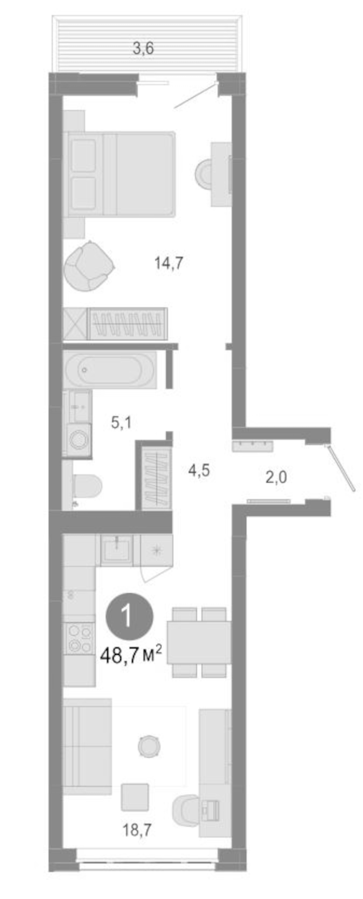 Планировка 2е-к.кв 45.10 м² в ЖК «Молодость»