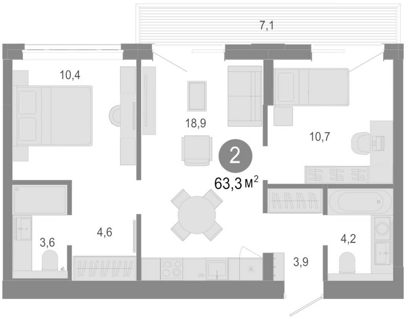 Планировка 3е-к.кв 56.20 м² в ЖК «Молодость»