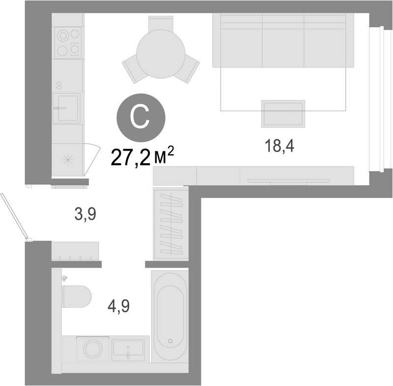 Планировка студии 27.20 м² в ЖК «Молодость»