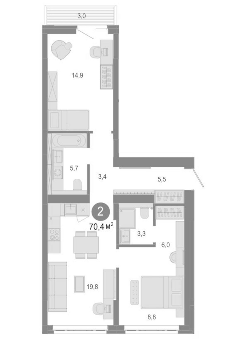 Планировка 3е-к.кв 67.40 м² в ЖК «Молодость»