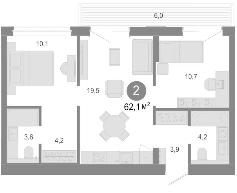 Планировка 3е-к.кв 56.10 м² в ЖК «Молодость»