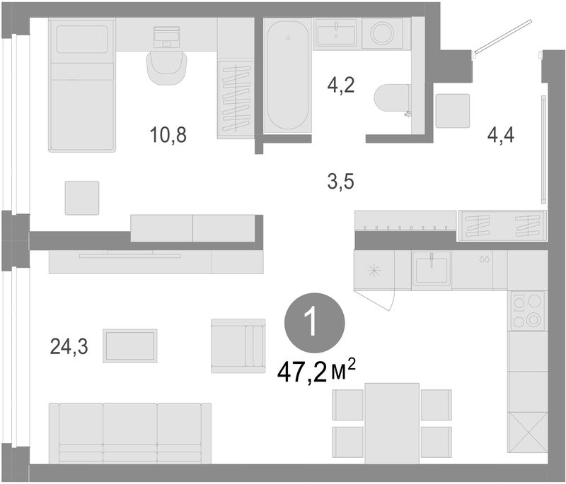 Планировка 2е-к.кв 47.20 м² в ЖК «Молодость»