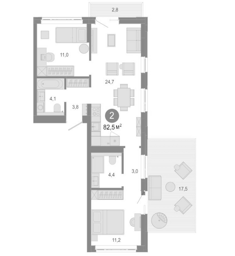 Планировка 3е-к.кв 62.20 м² в ЖК «Молодость»