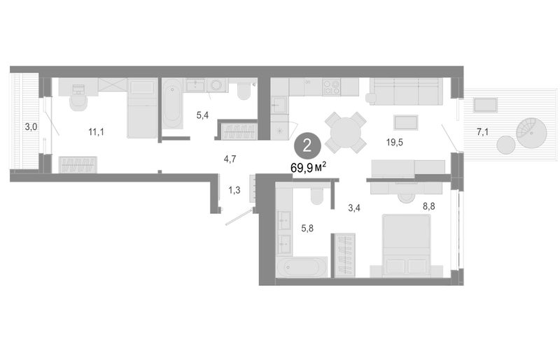 Планировка 3е-к.кв 61.30 м² в ЖК «Молодость»