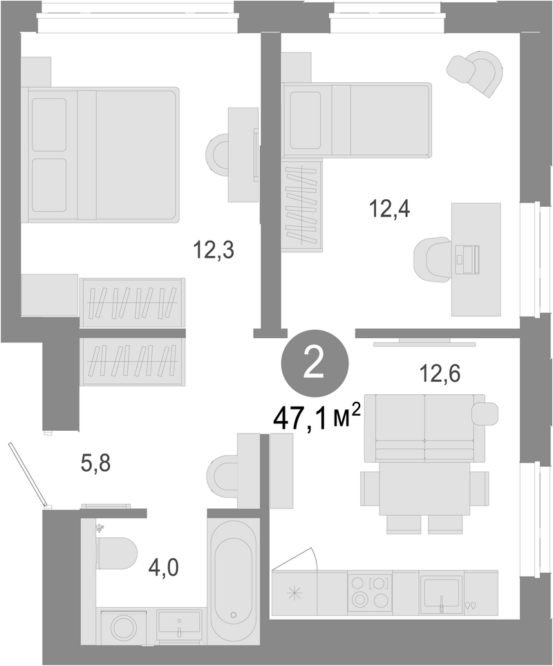 Планировка 3е-к.кв 47.10 м² в ЖК «Молодость»
