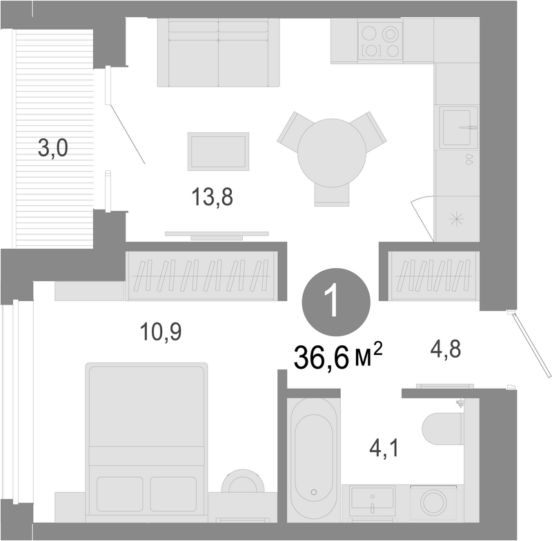 Планировка 2е-к.кв 35.10 м² в ЖК «Молодость»