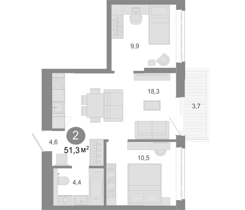 Планировка 3е-к.кв 50.19 м² в ЖК «Молодость»