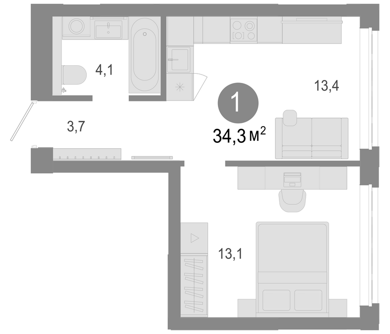 Планировка 2е-к. квартира 34.30 м² в ЖК «Молодость»