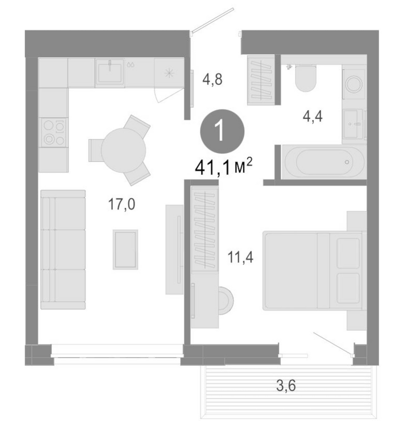 Планировка 2е-к. квартира 37.50 м² в ЖК «Молодость»