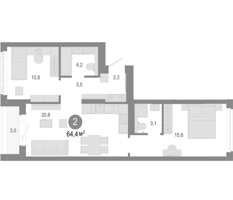 Планировка 3е-к.кв 62.90 м² в ЖК «Молодость»