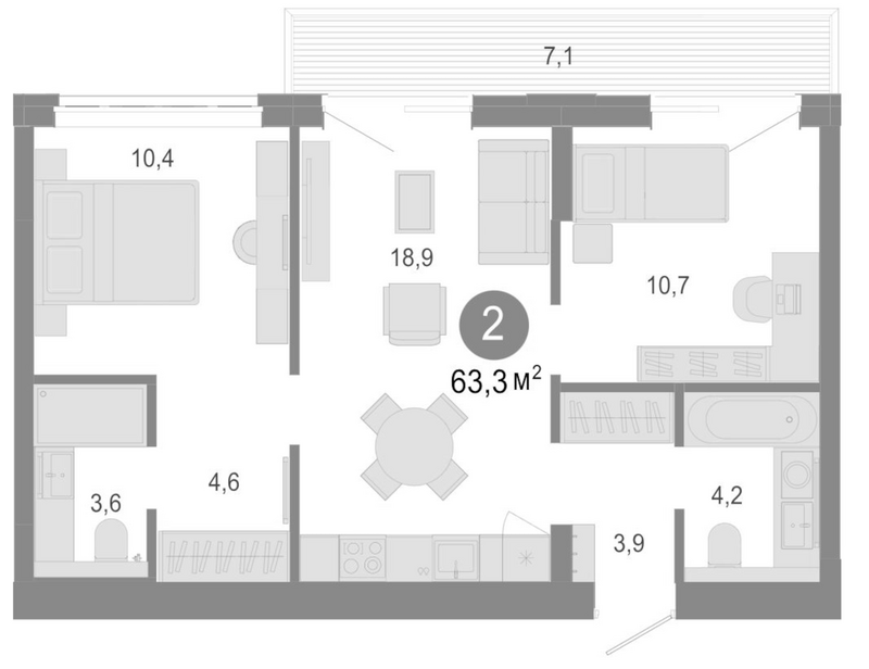 Планировка 3е-к.кв 56.20 м² в ЖК «Молодость»