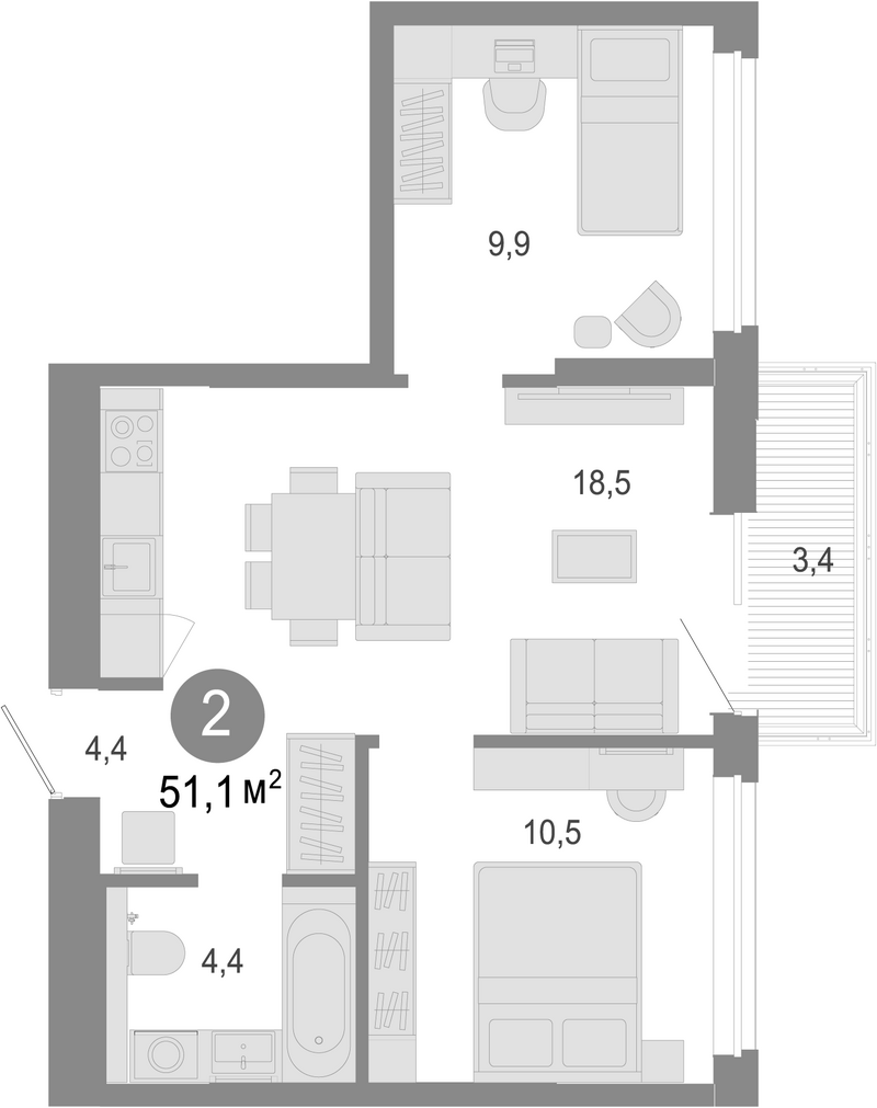 Планировка 3е-к.кв 50.08 м² в ЖК «Молодость»