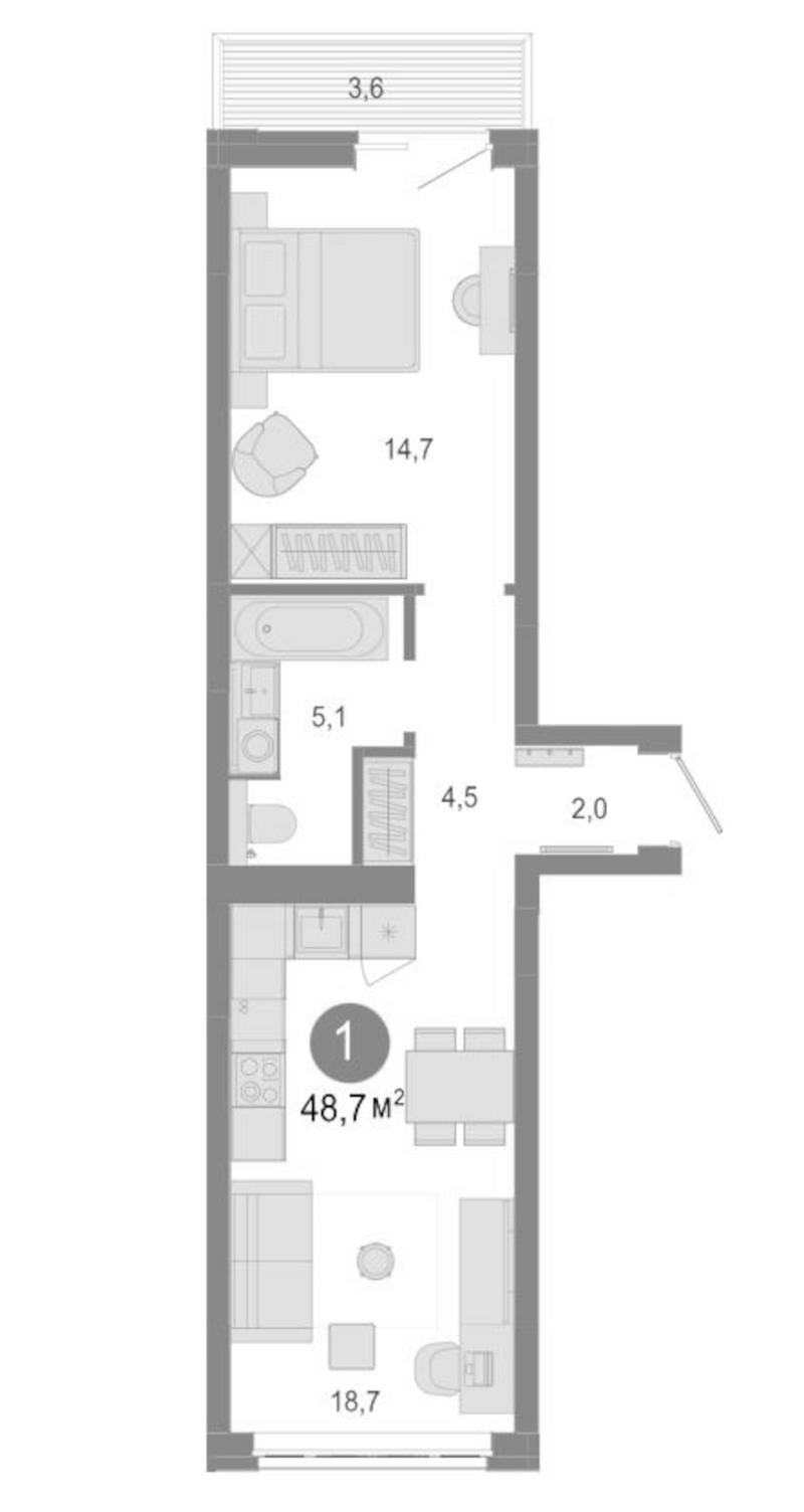 Планировка 2е-к. квартира 45.10 м² в ЖК «Молодость»