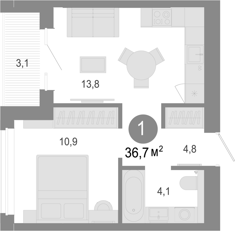 Планировка 2е-к.кв 35.15 м² в ЖК «Молодость»
