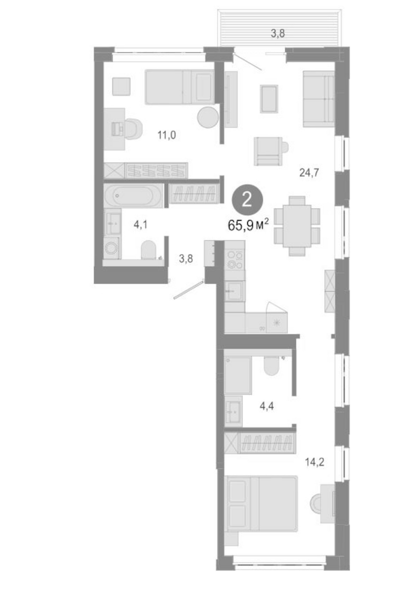 Планировка 3е-к.кв 62.10 м² в ЖК «Молодость»