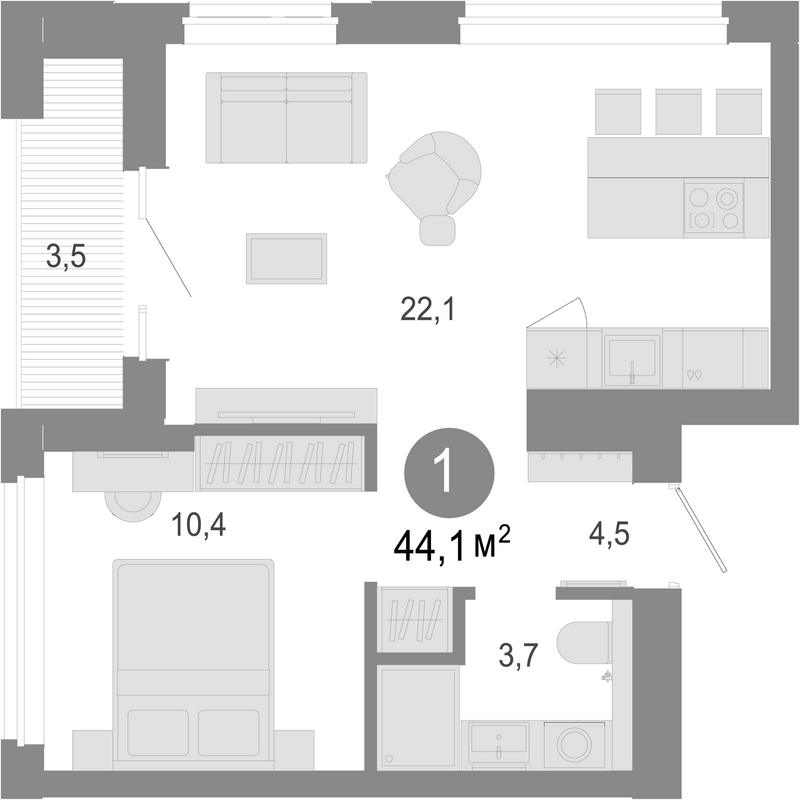 Планировка 2е-к. квартира 42.35 м² в ЖК «Молодость»