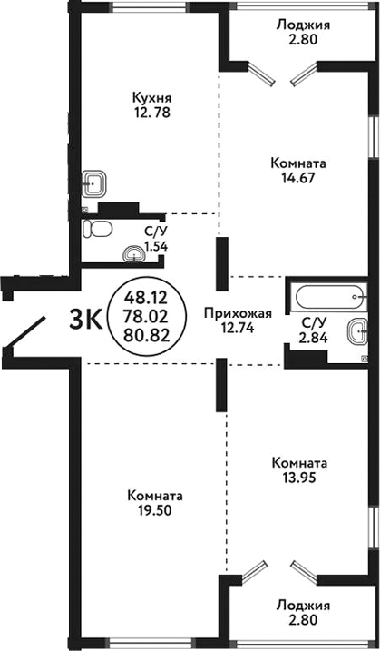 Планировка 3-к.кв 78.02 м² в ЖК «Экополис»