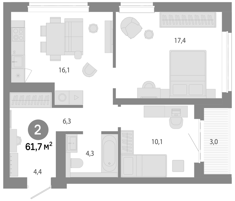 Планировка 3е-к.кв 58.70 м² в ЖК «Молодость»