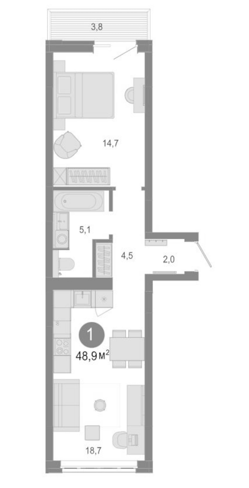 Планировка 2е-к. квартира 45.10 м² в ЖК «Молодость»