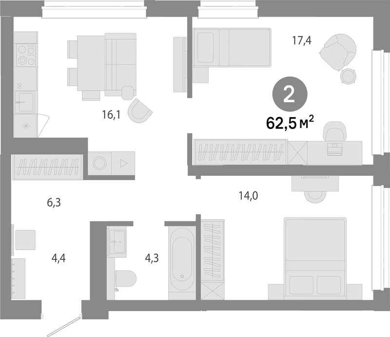 Планировка 3е-к.кв 62.50 м² в ЖК «Молодость»