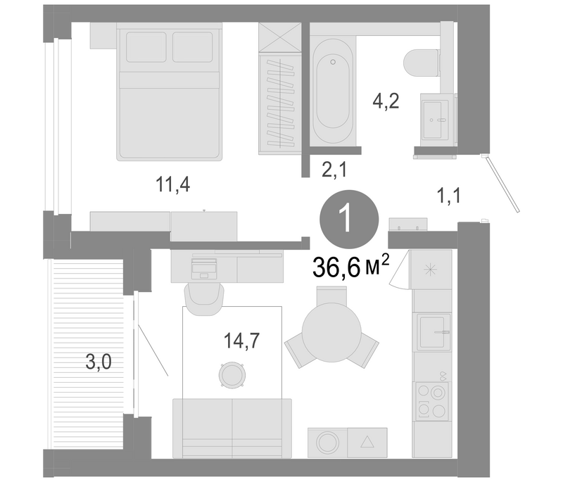 Планировка 2е-к. квартира 33.60 м² в ЖК «Молодость»