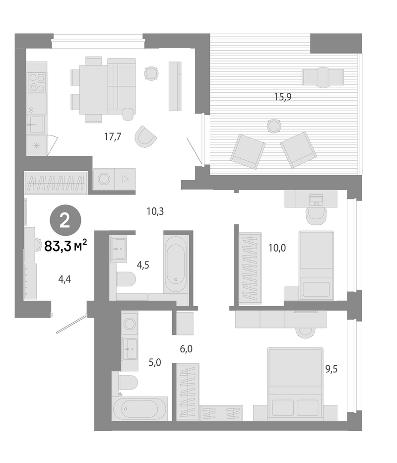 Планировка 3е-к.кв 67.40 м² в ЖК «Молодость»