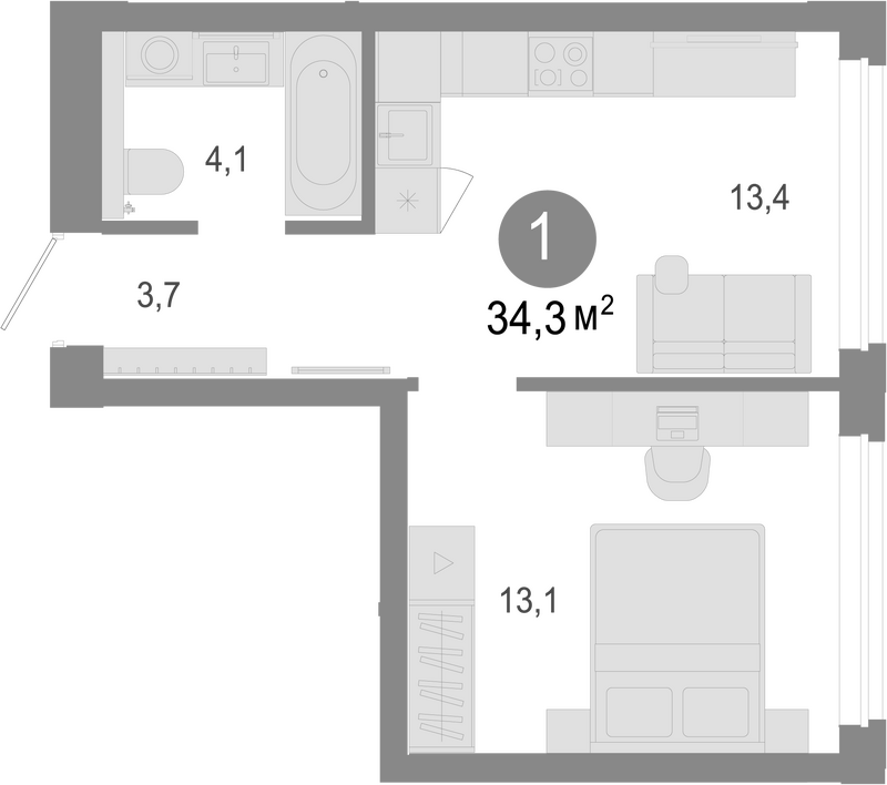 Планировка 2е-к.кв 34.30 м² в ЖК «Молодость»