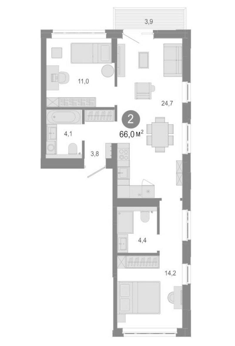 Планировка 3е-к.кв 62.10 м² в ЖК «Молодость»