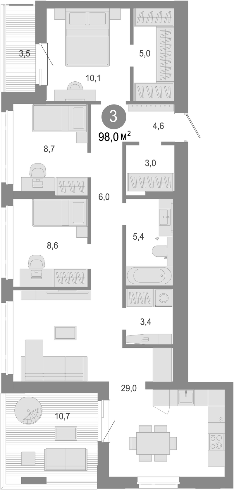 Планировка 4е-к. квартира 90.90 м² в ЖК «Молодость»