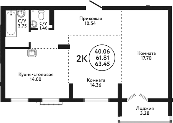Планировка 2-к.кв 61.81 м² в ЖК «Экополис»