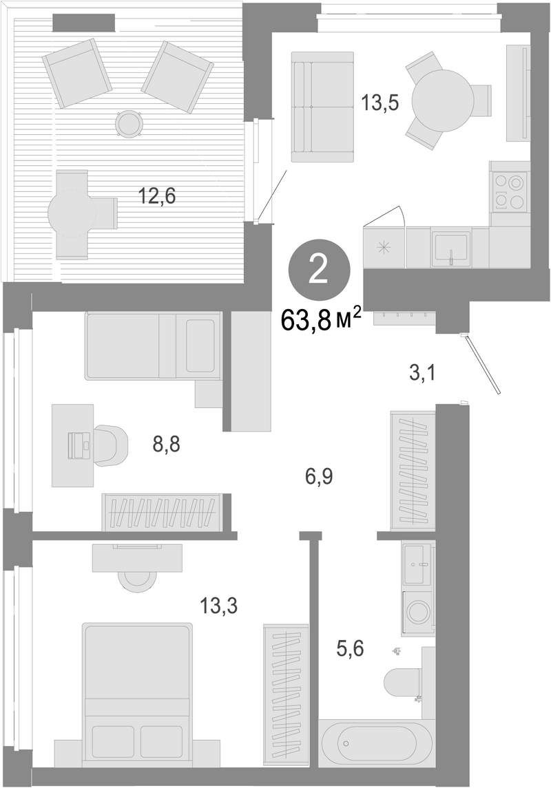 Планировка 3е-к.кв 57.50 м² в ЖК «Молодость»