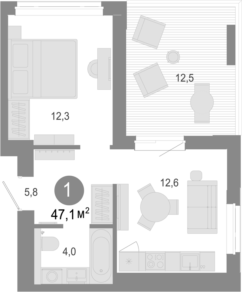Планировка 2е-к. квартира 40.85 м² в ЖК «Молодость»