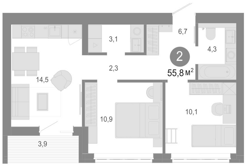 Планировка 3е-к.кв 51.90 м² в ЖК «Молодость»