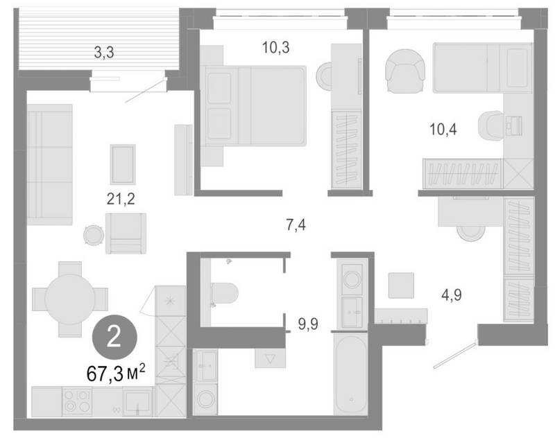 Планировка 3е-к.кв 64.00 м² в ЖК «Молодость»